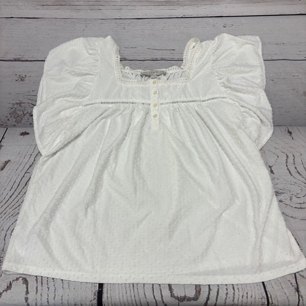 LOFT White Swiss Dot Flutter Sleeve Blouse Square Neck Lace Trim Top Medium